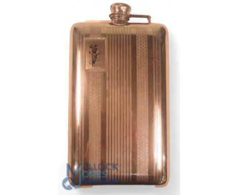 Large silver-plated Drinking Flask. Having machined design with illustration of a golfer 20 x 11cm