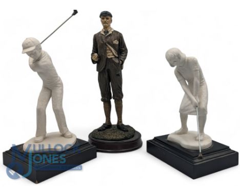 2x Goebel bisque Golf Figures, limited edition of 2500, both on wooden bases, plus a resin golfer figure, the tallest is 28cm