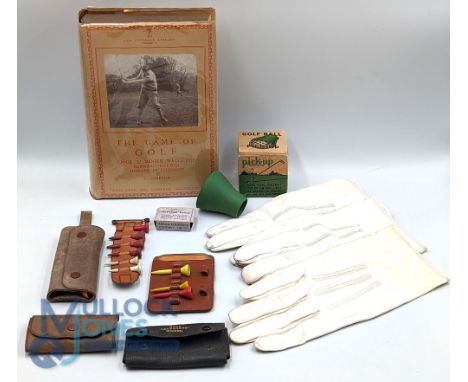 Period Golf Collectables to include: a good selection of wooden and plastic golf tees in leather wallet holders, boxed advert