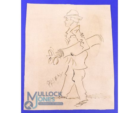 Phil May R I and R P (b.1864 - d.1905) - original pen and ink Caricature Sketch of Golfing Caddie signed Phil May, image 13" 