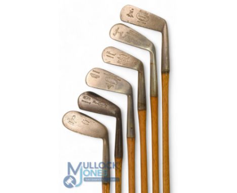 6x Assorted clubs incl Zenith by Nicoll mashie niblick, Elite round backed shallow head mashie, Alex Aitken, Gullane deep fac