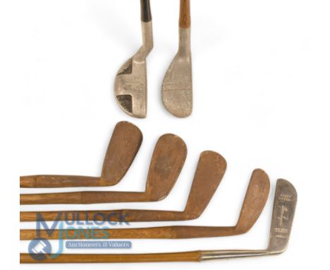 6x Various Hickory Clubs for restoration incl Ben Sayers Benny Putter with grooved sole with squared grip end, Dormie medium 