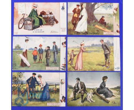 Interesting collection of early amusing coloured golfing sketch postcards (6) mostly by Lance Thackeray published by Raphael 