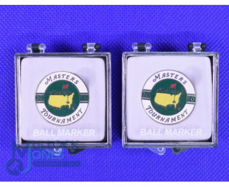 2x 2010 Original US Masters Golf Tournament Enamel and Gilt Ball Markers - won by Phil Mickelson - all in the original Master