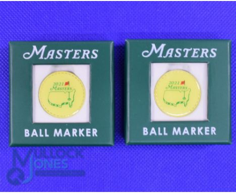 2x 2021 Original US Masters Golf Tournament Enamel and Gilt Ball Markers - won by Hideki Matsuyama first ever Japanese Player