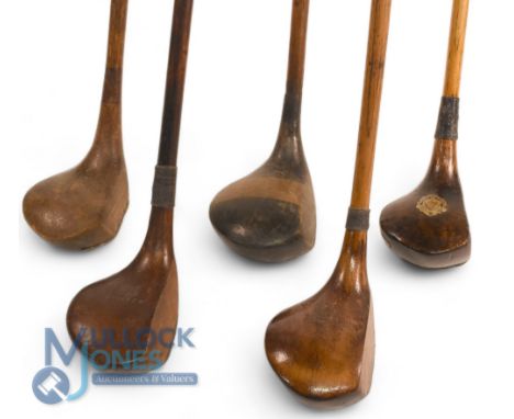 5x Assorted small head socket neck woods to incl stripe top spoon stamped D R Jones, 2x brassies both by R Forgan St Andrews,