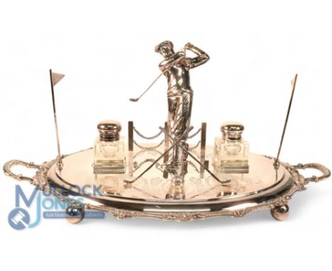 19th century Golf Desk Top Inkwell: Silver plated exquisite Inkwell set by Roberts &amp; Belk, started in 1863 measures 17" x