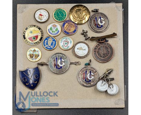 Ladies Golf Union Badges and Medallions: an enamel UGC badge, Ashley Wood Golf Club Badge, tee markers, golf ball cufflinks, 