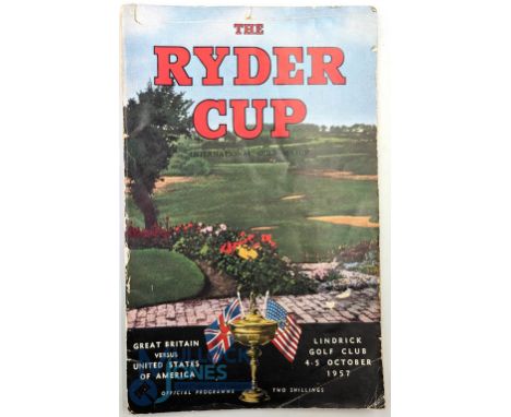 GOLF, programme, The Ryder Cup, GBR v USA at Lindrick October 1957, some scuffing to spine, slight crease to cover, 2 pages f