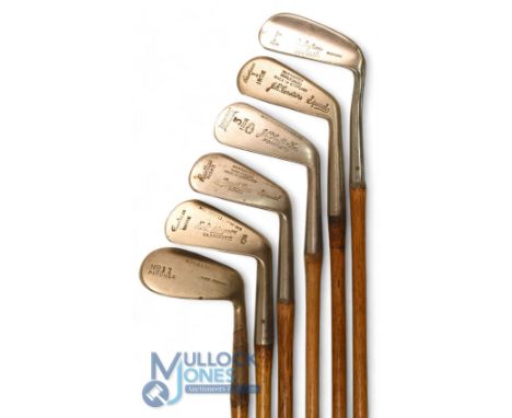 6x Stainless Assorted irons incl Robert Simpson, Carnoustie mashie, J Carstairs 1 iron, unusual D Ayton flanged sole pitch an