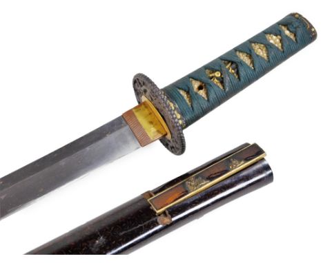 A 19thC Japanese Katana sword, with gilt mounts, plain blade, entwined diamond pierced handle and gilt floral highlights, wit