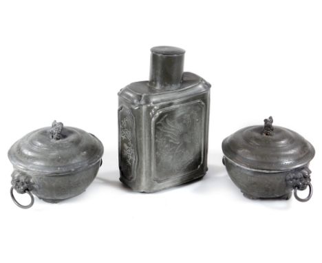 An early 20thC Chinese pewter Shantou tea caddy, of shouldered form with removable lid, the body set with chased panels of bi