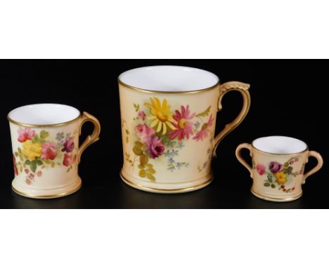 Various Royal Worcester blush ivory, comprising of a matched graduated pair of cups, similarly handpainted with flowers with 