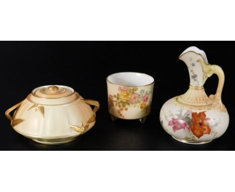 Various Royal Worcester blush ivory, comprising of a 19thC miniature planter of cylindrical form, handpainted with flowers wi