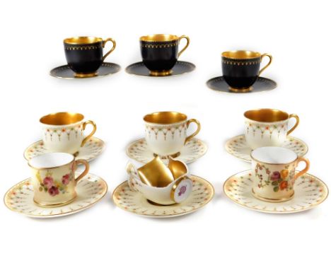 Various Royal Worcester blush ivory and other cabinet cups and saucers, three Edwardian black cups and saucers with gilt high