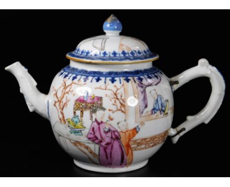 An 18thC Chinese export porcelain teapot, the melon shaped body polychrome decorated with figures and table before trees, wit