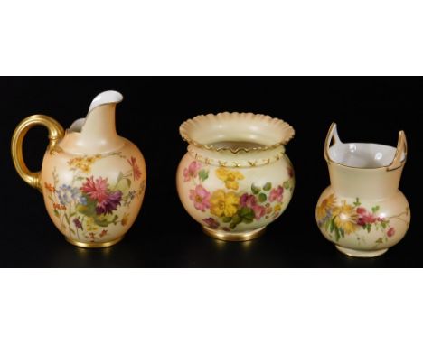 Various Royal Worcester blush ivory, comprising of a vase with flared rim, decorated with flowers with gilt highlights, on ci