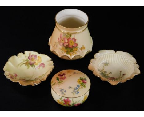 Various Royal Worcester blush ivory, comprising a vase of tapering cylindrical form with flowerhead base, handpainted with fl