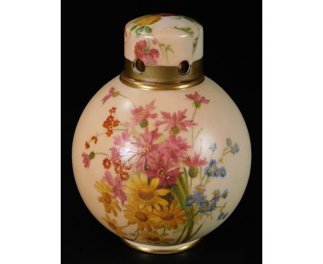 An early 20thC Royal Worcester blush ivory pot-pourri jar and cover, with pierced lid and bulbous body, handpainted with flow