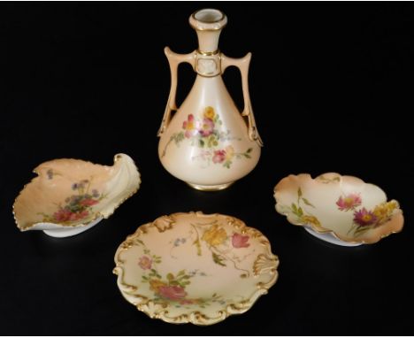 Various 19thC and other Royal Worcester blush ivory, comprising of a vase with trumpet stem, angular handles and shaped body 