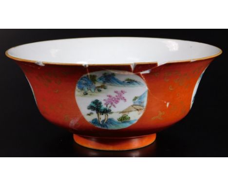 A Chinese Chien Lung porcelain bowl, of flared circular form, decorated with panels of buildings, trees and mountains, on an 