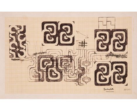 MANUEL BARBADILLO (Cazalla de la Sierra, Seville, 1929 - Malaga, 2003)."Studies".Ink on graph paper glued to card.Signed in t