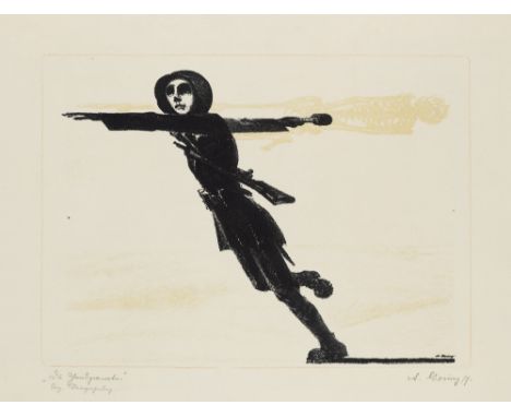 Andreas Gering.  (1892 Nürnberg - 1957 ebenda). Die Handgranate. 1917. Lithographie in Farbe auf Velin. 24 x 32,5 cm (33 x 43