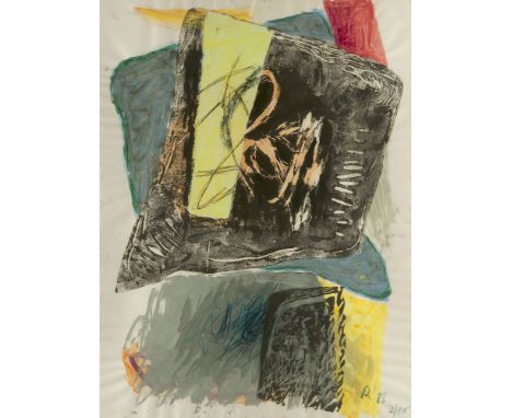 Deutsche Nachkriegsmoderne Rolf Behm (1952 Karlsruhe)o.T. (abstrakte Komposition). 1988. Lithographie, farbig überarbeitet, a