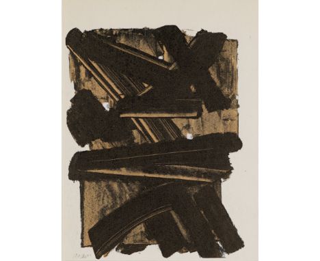 Informel Pierre Soulages (1919 Rodez - 2022 Nimes)o.T. Farblithographie auf Velin. 12,8 x 9,7 cm (14,9 x 11,3 cm). Im Stein s