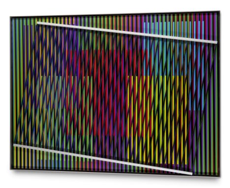 Max Coor. Schräg gerastert. 2020. Mischtechnik aus Alu-Dibond, diagonal versetzten Holzstreben und Acryl. 61 x 81 cm. Verso m