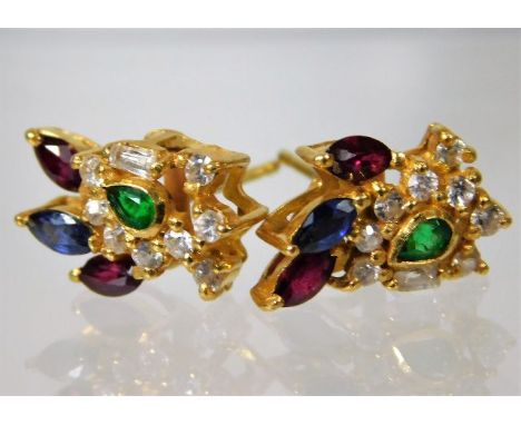 A pair of 21ct gold earrings set with ruby & other stones 3.6g