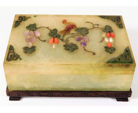 A 19thC. Chinese jade box mounted on hardwood stand some losses a/f