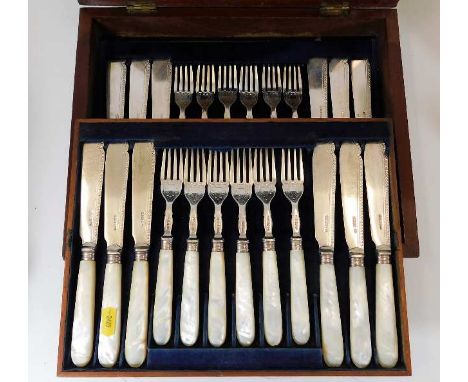 A mahogany cased twelve setting silver fish knife & fork set by Harrison Bros. & Howson, Sheffield 1867 with mother of pearl 