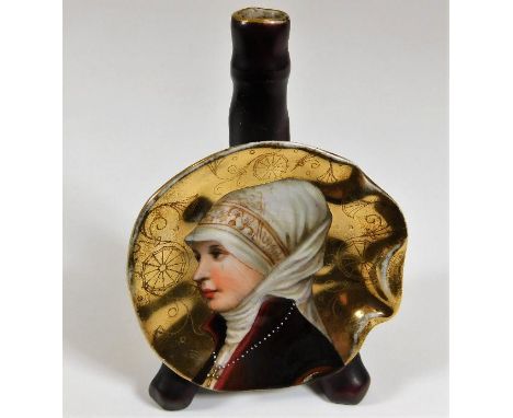 A c.1900 porcelain pen holder with hand painted portrait of young woman against gilt background, probably Austrian 3.75in hig