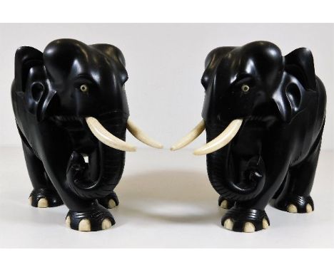 Two carved elephants with bone tusks & toes 6.25in high