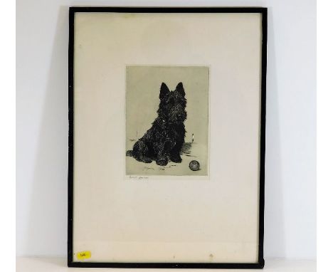 A framed hand signed in pencil print of a Scottie dog by Marion Harvey image size 7.5in high x 6in wide