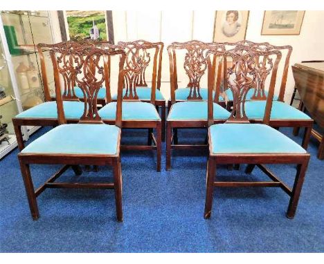 Ten Edwardian mahogany Chippendale style dining chairs with upholstered seats, been in same family since 1902