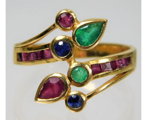 A yellow metal, tests as 18ct gold, ruby, sapphire & emerald ring 5.3g size S