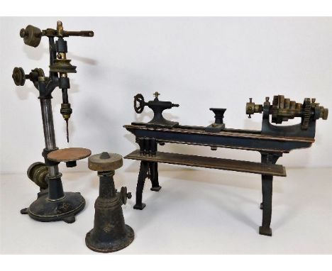 Three c.1910 cast iron German Gebrüder Bing live steam accessories including a lathe, a grinder & a pillar drill. Provenance:
