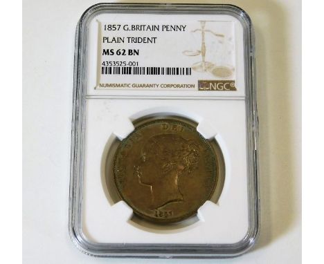 NGC Graded coin with case: 1857 penny with plain trident MS 52 BN