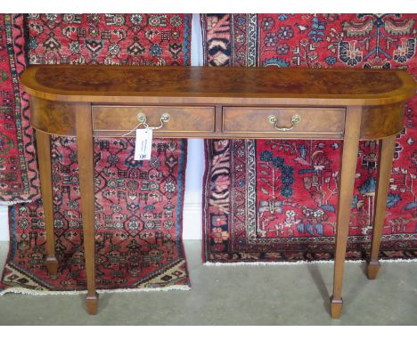 A good quality new D end walnut two drawer hall table made by a local craftsman - 120cm x 74cm x 33cm