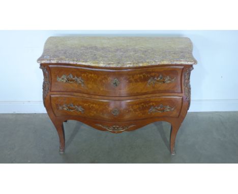 A French marquetry inlaid bombe shaped two drawer commode chest with a shaped marble top having ormolu mounts - Height 88cm x