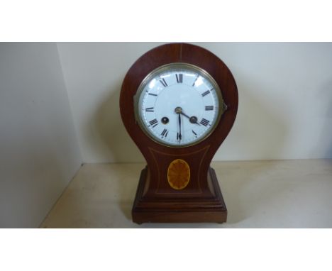 A French 8 day mantle clock, oak cased with shell inlay, Roman numerals to white enamel dial - 16cm x 29cm high