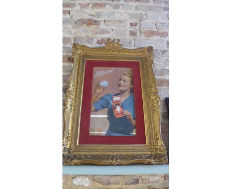 An unusual Lets See Ediswan light bulb print in a gilt frame with Royal Warrant crest - frame size 76cm x 57cm - some losses 