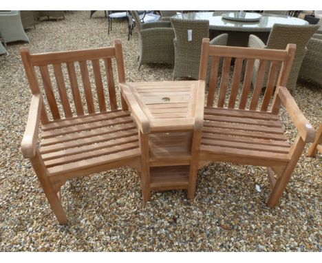 A Bramblecrest teak Tete e Tete bench