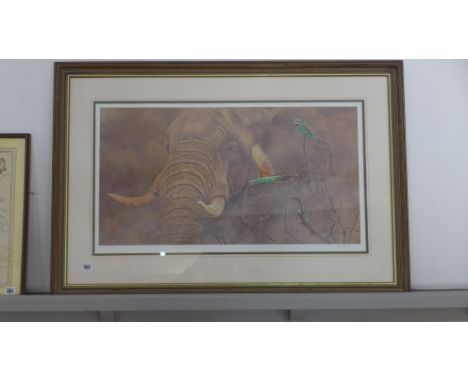 A Limited Edition print Elephant by Alan M Hunt 195/395 - signed in pencil - 43cm x 78cm