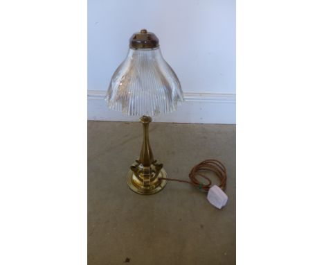 An Edwardian brass table lamp with Hollophane shade - Tested