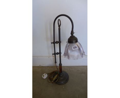 An antique style adjustable brass desk lamp with Hollophane shade - Height 41cm - Tested