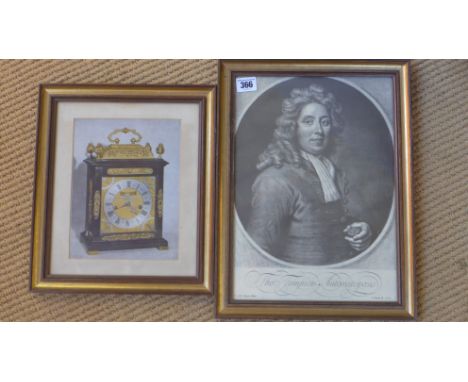 A print of a Tulip Tompion bracket clock and a print of Thomas Tompion - 34cm x 24cm
