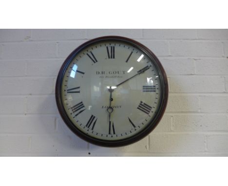A 19th century mahogany wall clock with a 12 inch painted convex dial signed D R Gout 122 Bunhill with a drop shoulder fusee 